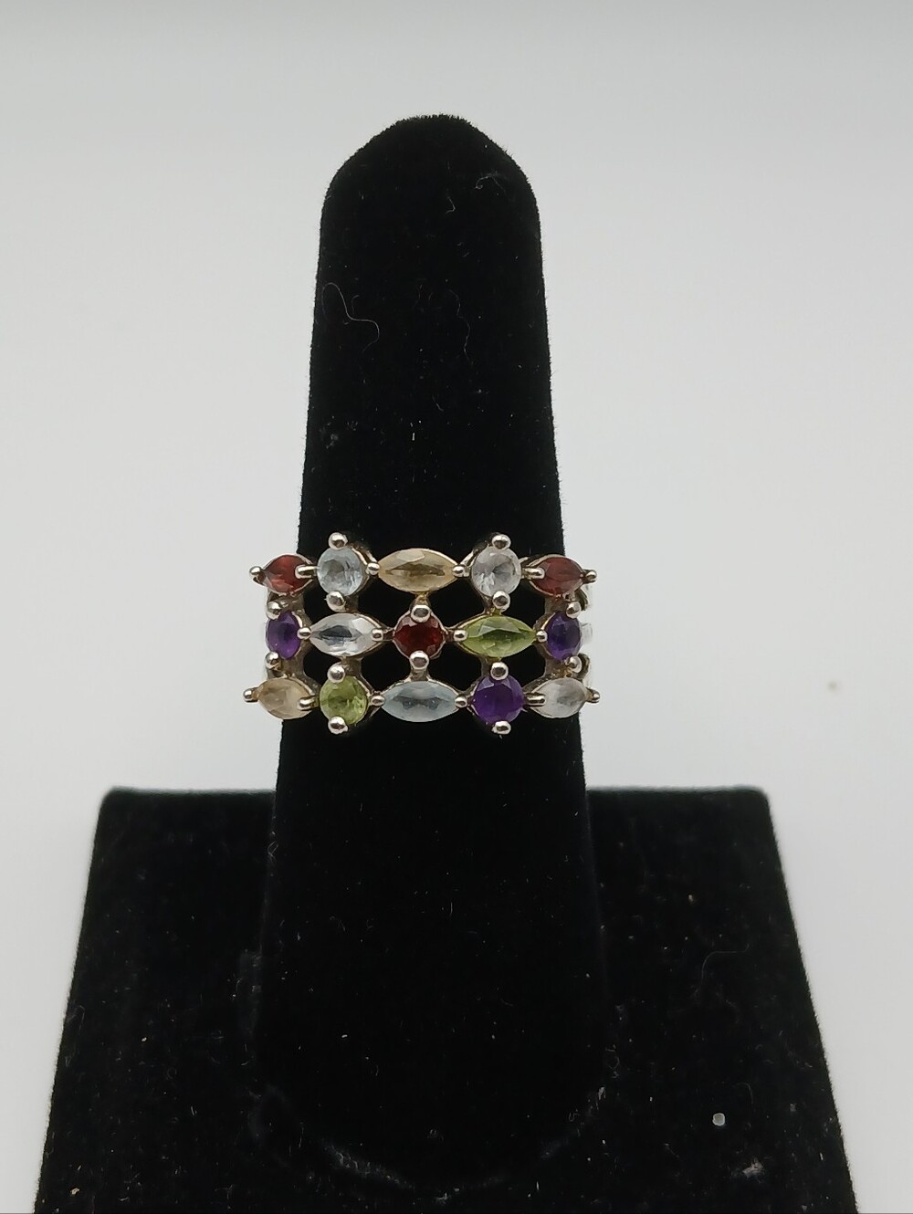 Vintage Sterling Silver Multi Gemstone Lattice Ring 8.5